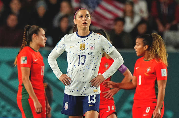 USWNT forward Alex Morgan stands with her hands on her hips as the U.S. draws 0-0 with Portugal at the Women's World Cup.